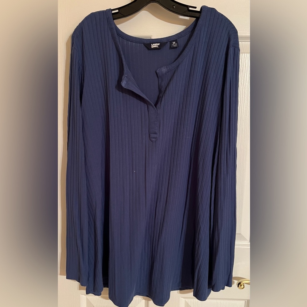 Lands' End Blue Ribbed Long Sleeve Tunic Top